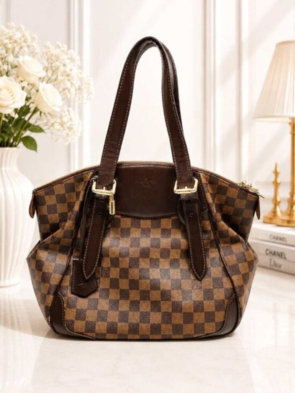 Louis Vuitton Verona MM Damier Ebene Shoulder Tote Bag Brown Auth Luxury